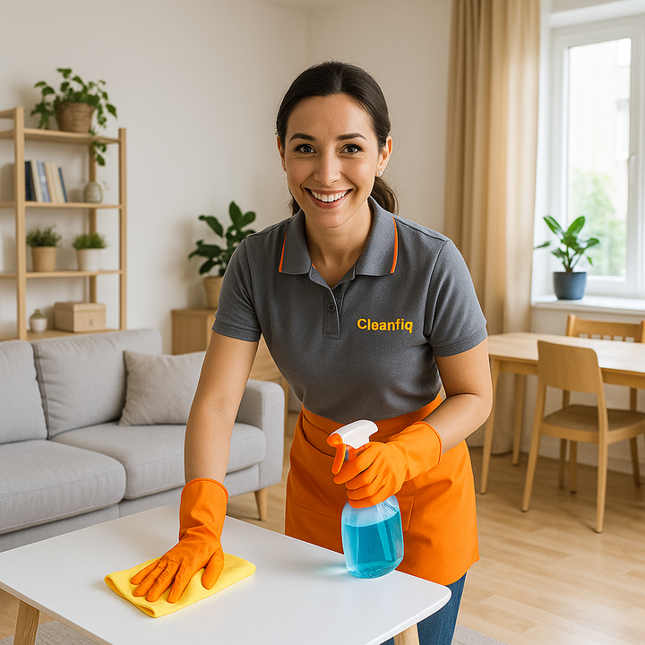 Professional cleaner in Cleanifiq uniform cleaning a Glasgow rental living room
