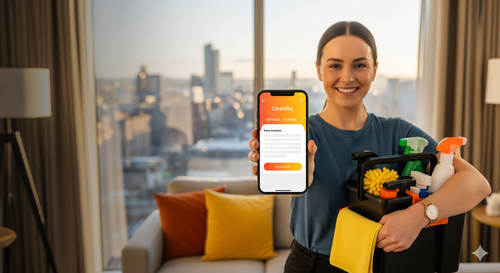 Self-employed cleaner checking smartphone for bookings in modern Glasgow apartment