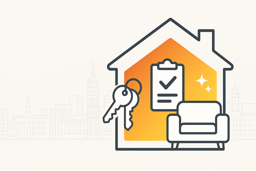 Cleanifiq blog hero illustration showing Glasgow rental property, keys, and checklist for end-of-ten