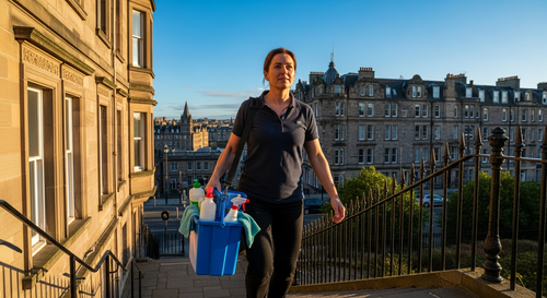 Professional cleaner arriving at an Edinburgh tenement building with cleaning supplies