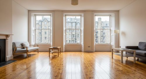 Deep-cleaned Edinburgh tenement flat living room with morning light through sash windows