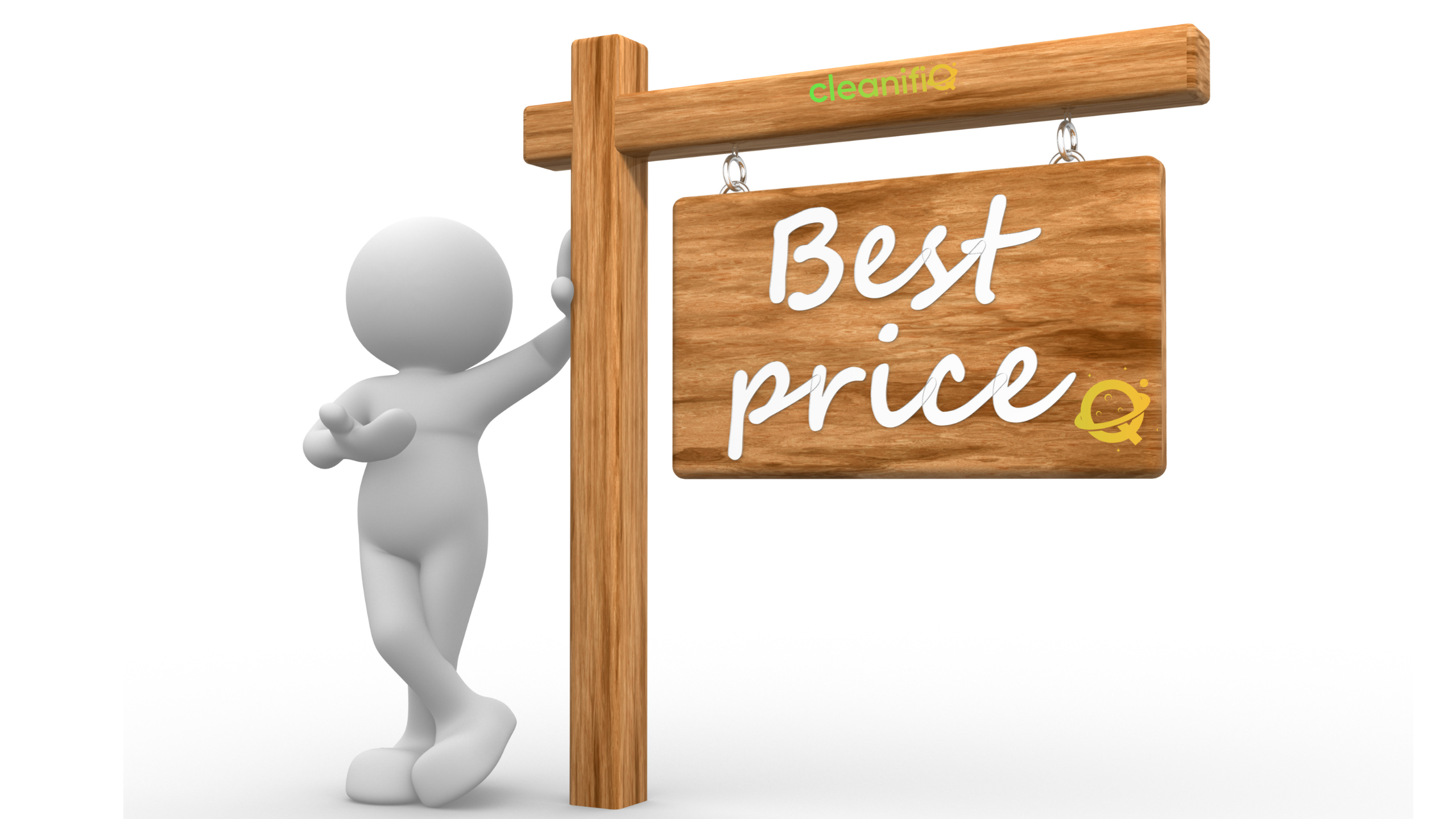 A 3D character leaning on a wooden signpost that supports a hanging sign with the words 'Best Price'