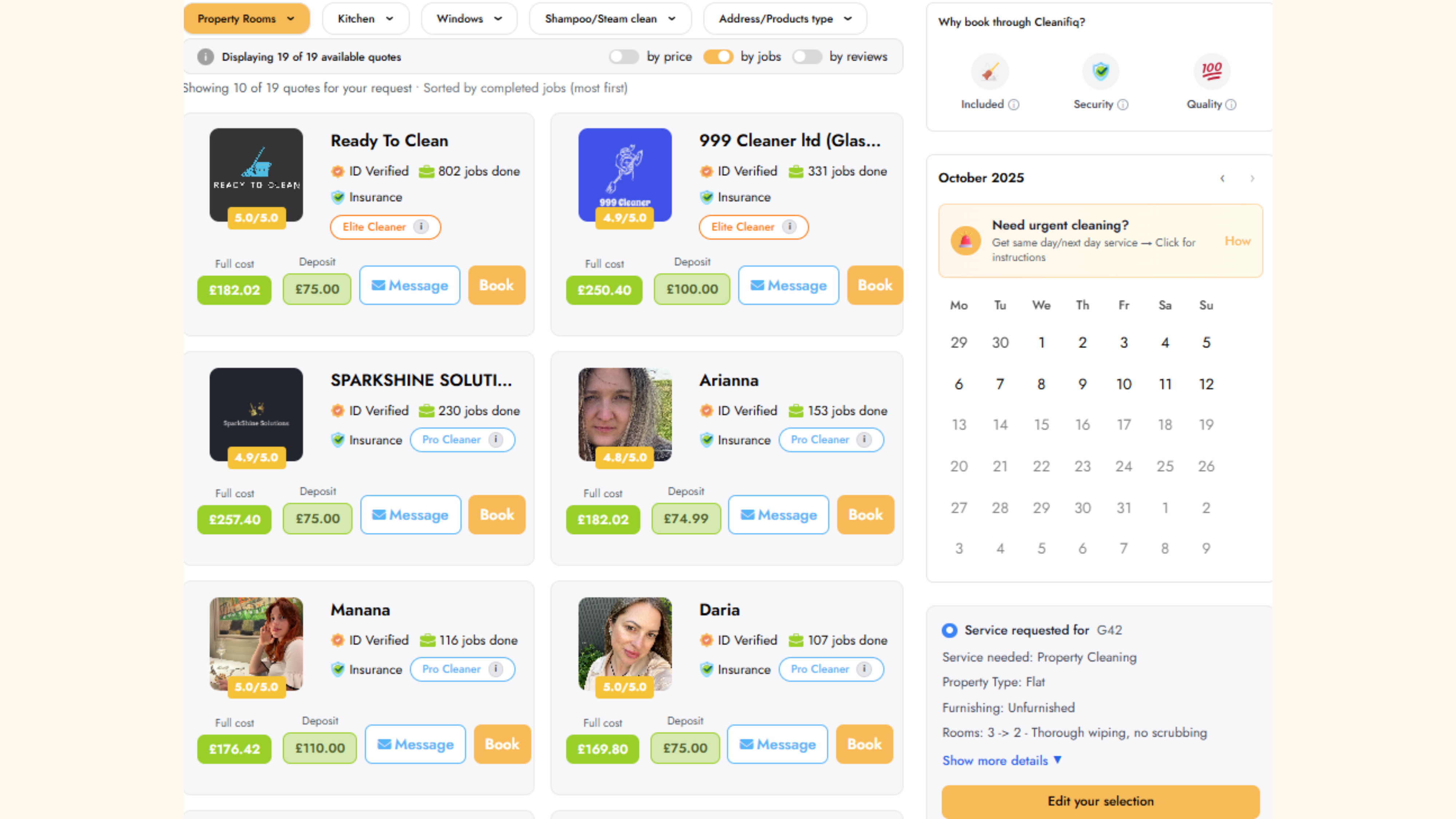 Multiple cleaners displayed on ther results page of Cleanifiq