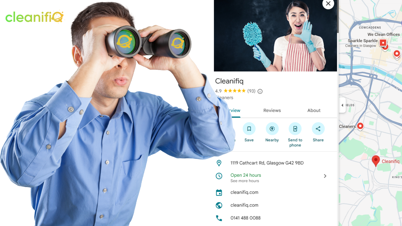 An engaging image portraying a man in a blue shirt using binoculars, with the Cleanifiq logo at the top left
