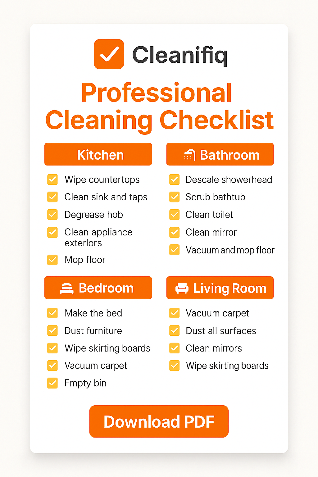 Cleanifiq end of tenancy cleaning checklist with room by room tasks for kitchen, bathroom, bedroom and living room