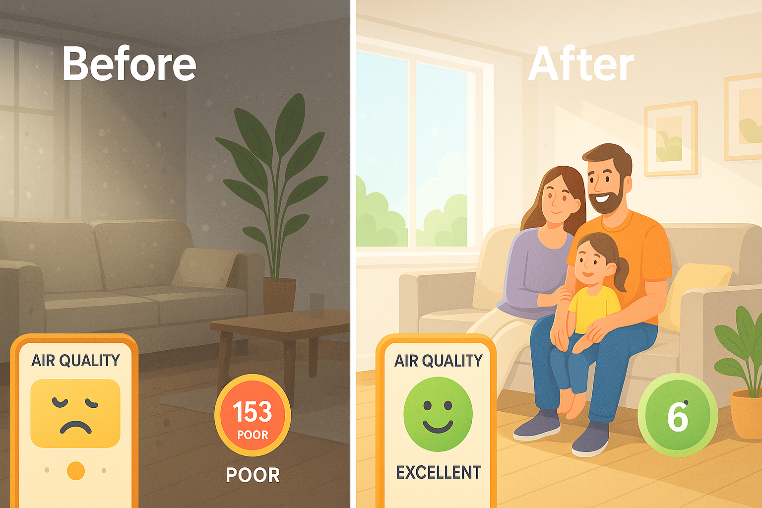 Before-and-after infographic showing air quality transformation in a Glasgow home after deep cleaning, from poor to excellent.