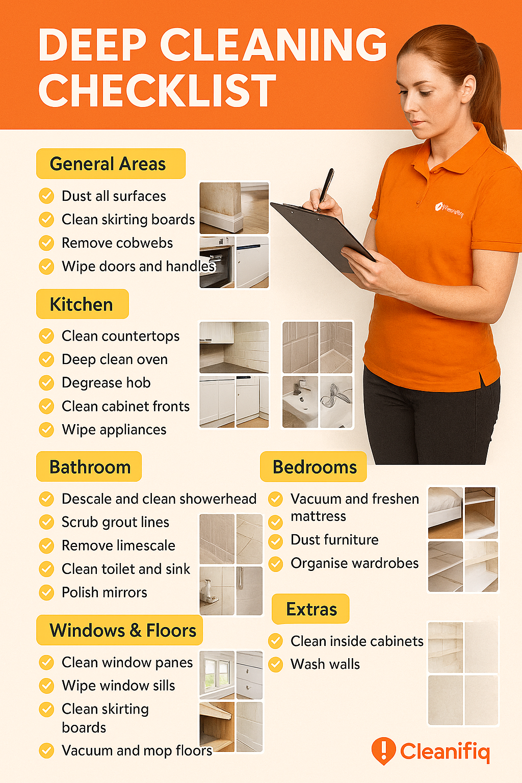Deep cleaning checklist infographic by Cleanifiq showing room-by-room tasks for kitchens, bathrooms, bedrooms, windows, and floors