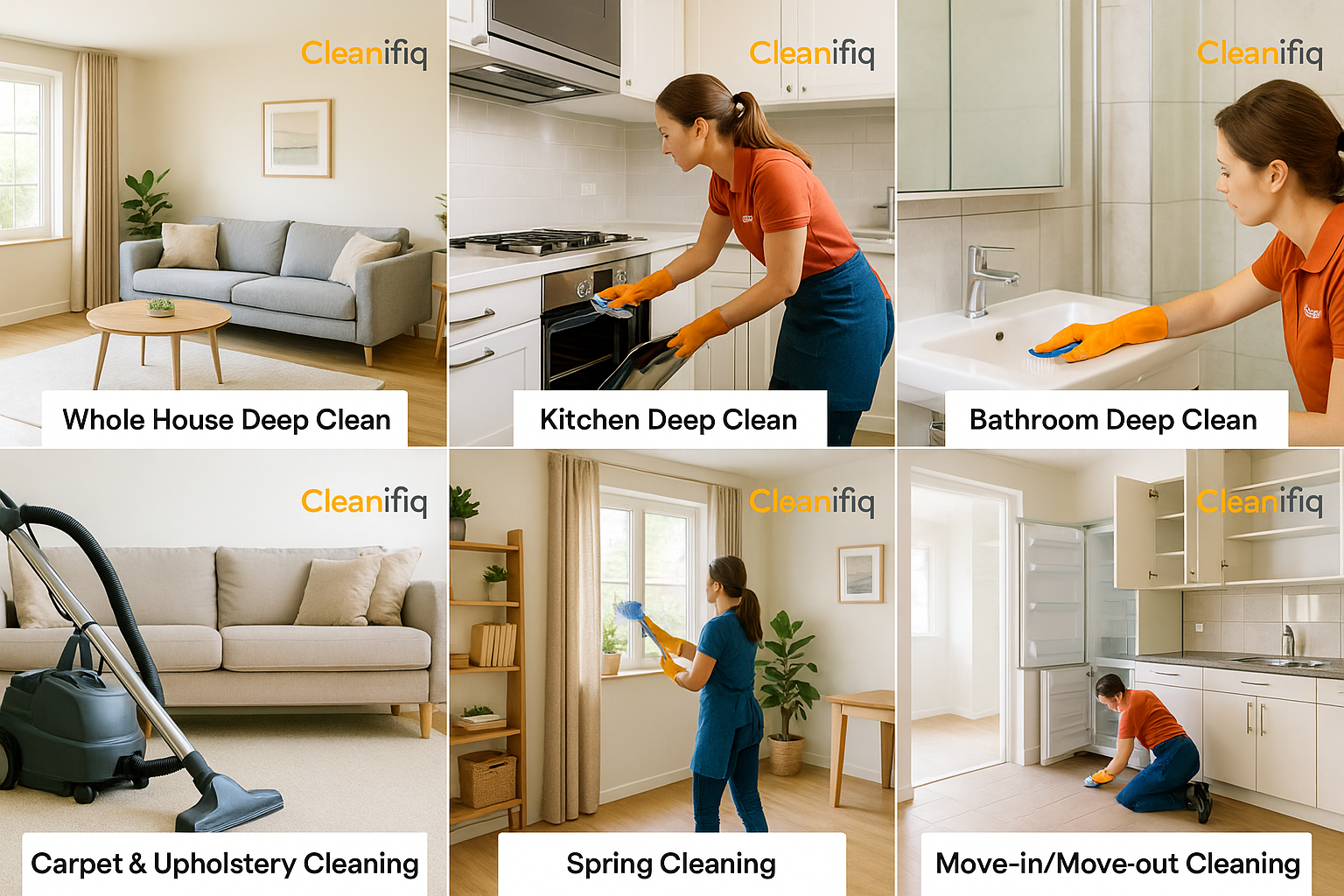 Grid of six deep cleaning services in Glasgow by Cleanifiq: whole house, kitchen, bathroom, carpet, spring, and move-in/out cleanin