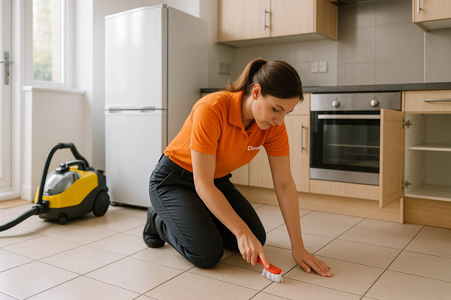 Female professional cleaner in Cleanifiq uniform deep cleaning kitchen floor grout in Glasgow with steam cleaner.