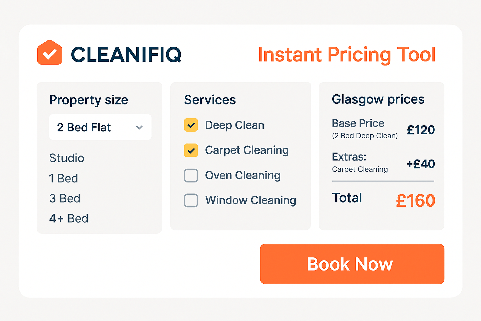 Cleanifiq instant pricing calculator infographic showing 2 Bed Flat in Glasgow with deep clean and carpet cleaning total £160