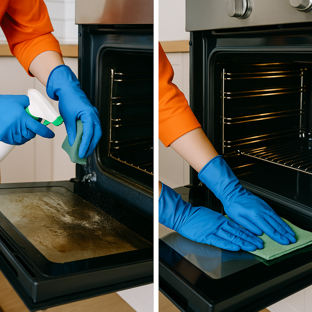 Professional cleaner in orange uniform cleaning oven before and after end of tenancy cleaning in Glasgow