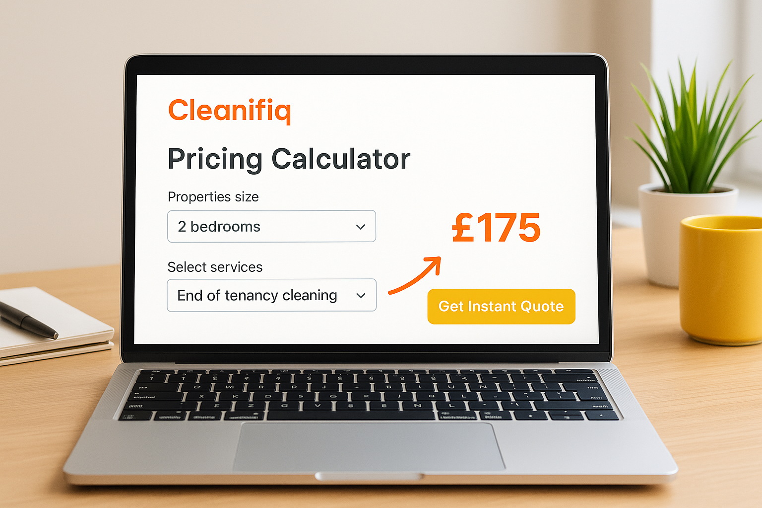Cleanifiq pricing calculator on laptop screen showing instant cleaning quote of £175 with Get Instant Quote button