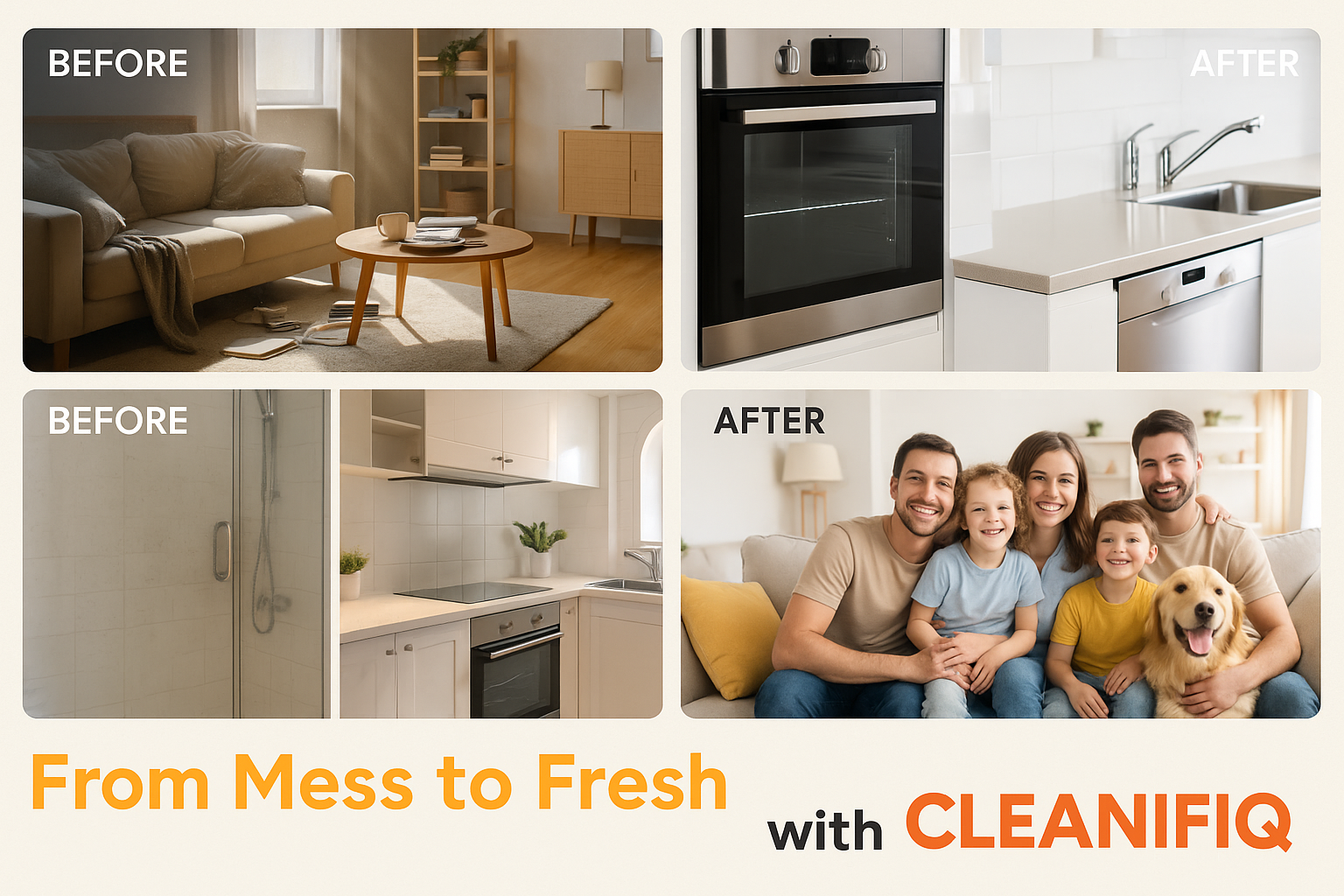 Cleanifiq transformation showcase showing before-and-after cleaning results in Glasgow homes: living room, kitchen, bathroom, family.