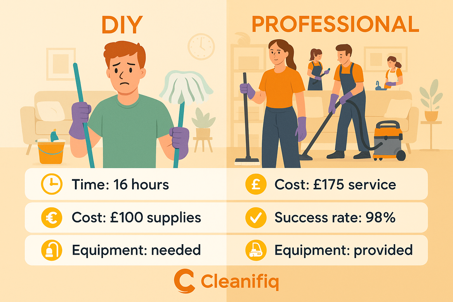 Infographic comparing DIY cleaning and professional cleaning with time, cost, success rate and equipment differences