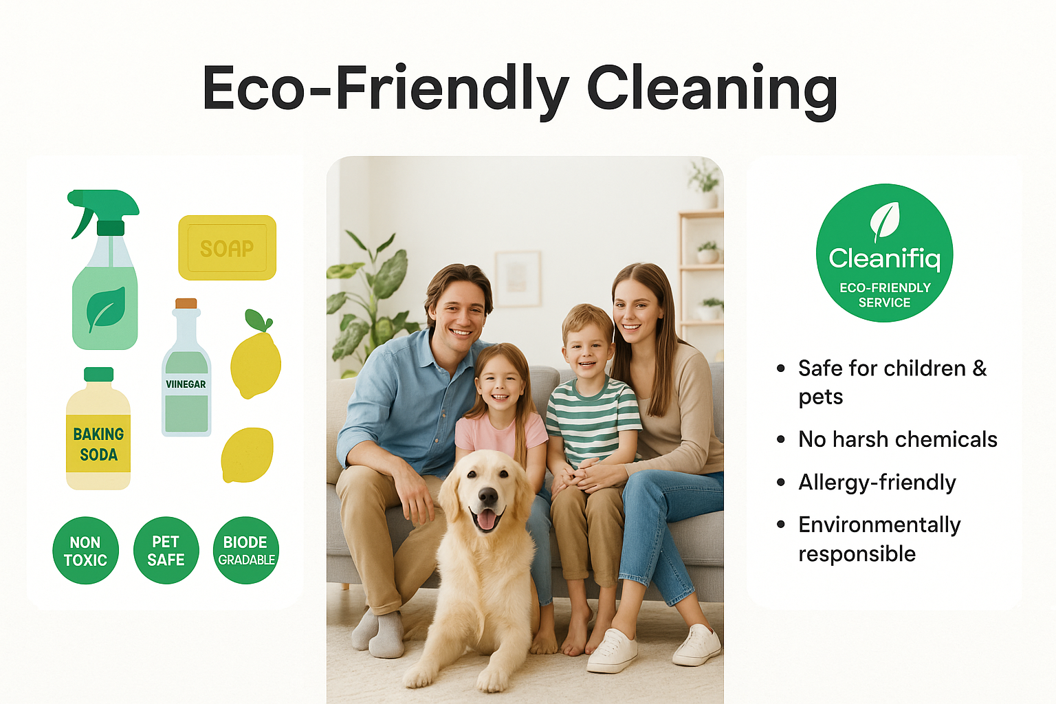 Cleanifiq eco-friendly cleaning – safe for pets, kids, allergy-friendly, chemical-free.
