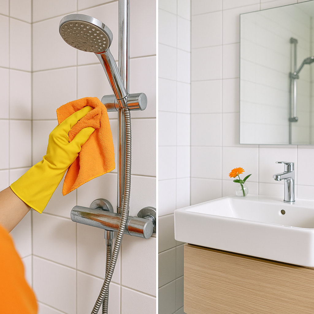 Split screen of Glasgow bathroom before and after professional cleaning with chrome fixtures and spotless tiles