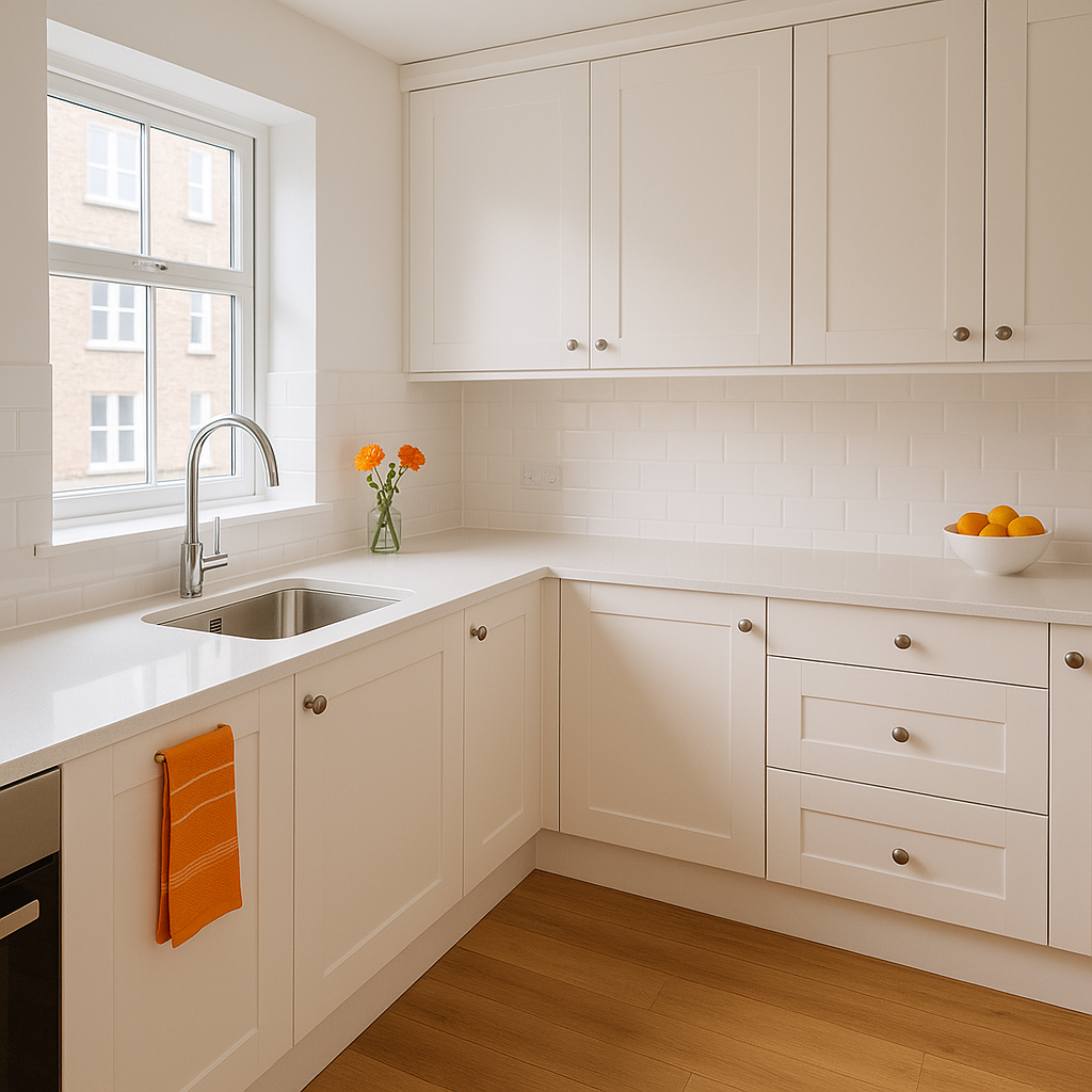 Bright modern Glasgow kitchen after professional cleaning with spotless countertops and sink