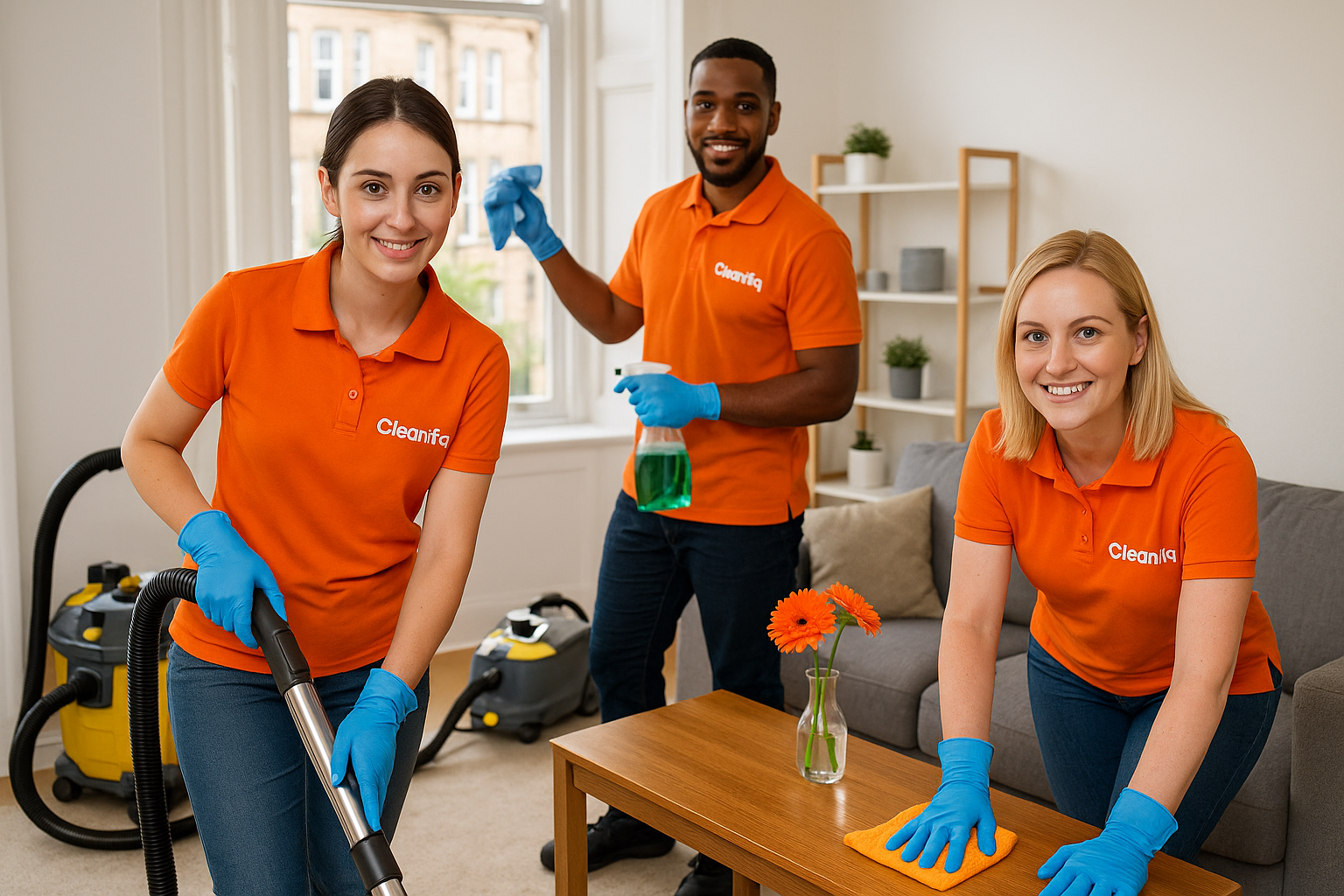 Three professional cleaners in orange Cleanifiq uniforms smiling at camera while cleaning a bright Glasgow flat with vacuum and cleaning equipment