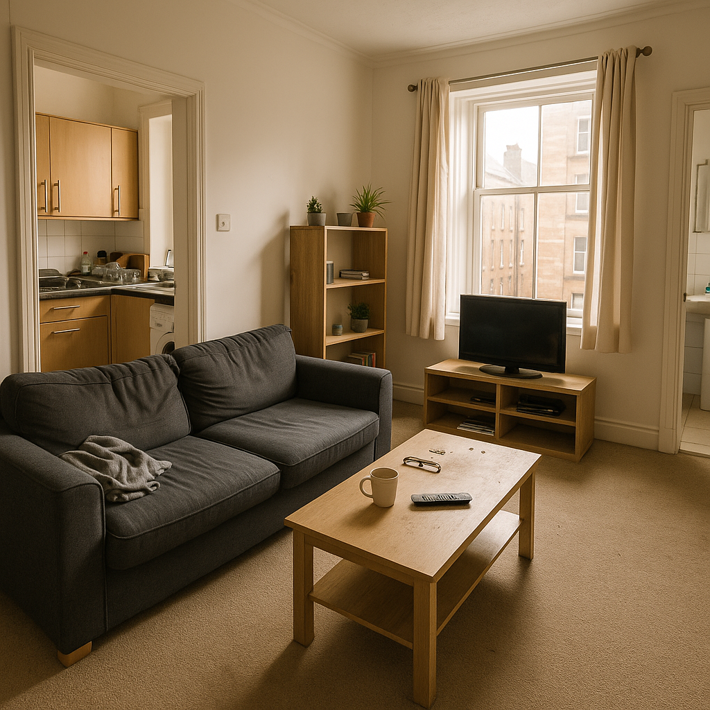 Lived-in Glasgow rental flat before end of tenancy cleaning with dust, dishes and unmade bed