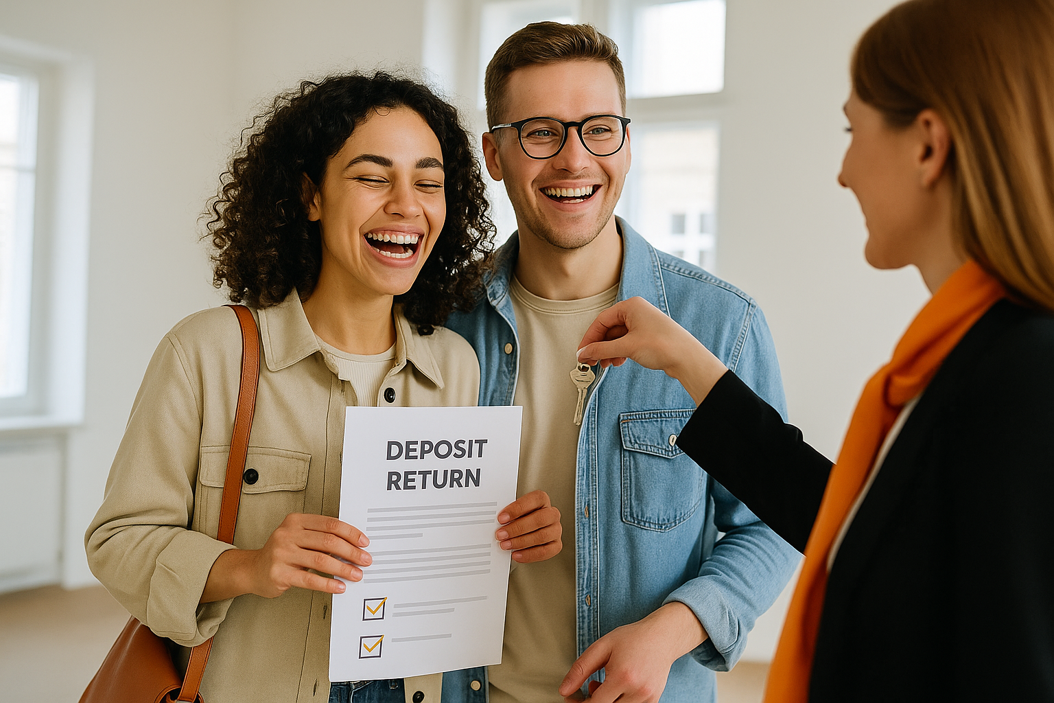 Happy couple receiving keys and deposit return confirmation from letting agent in clean Glasgow flat