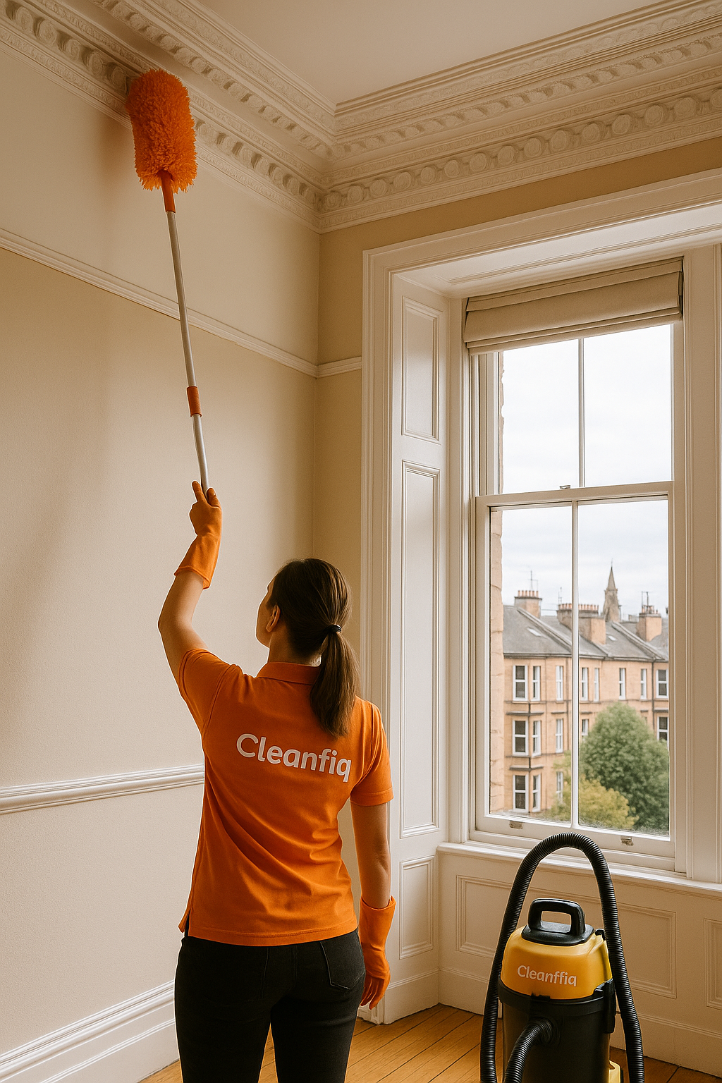 Professional cleaner in orange Cleanifiq uniform dusting Victorian cornicing in Glasgow tenement living room