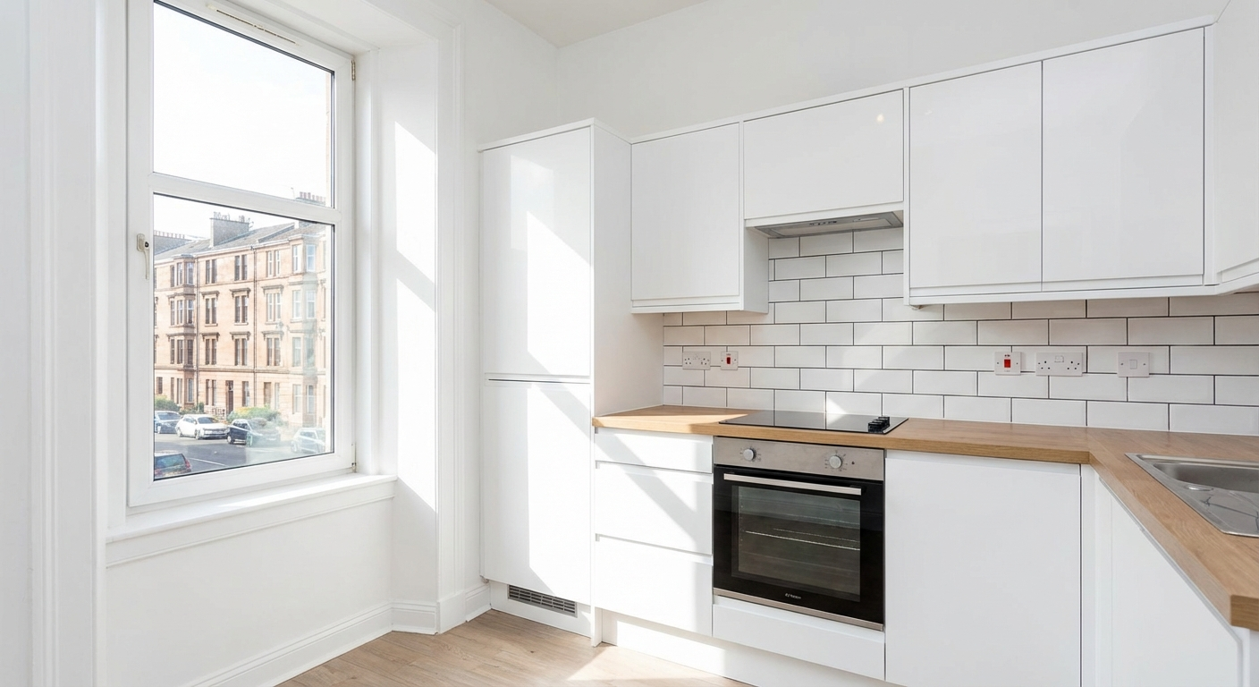 Clean modern kitchen in a Glasgow rental property, freshly prepared for new tenants