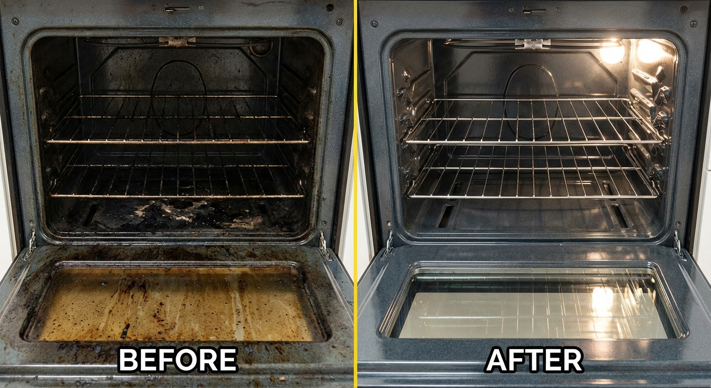 Before and after professional oven cleaning: left shows greasy burnt oven interior, right shows the same oven sparkling clean