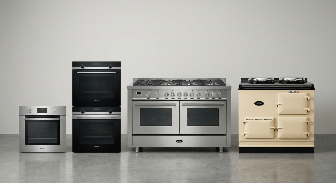 Four oven types: single oven, double oven, range cooker, and AGA, with distinct designs for Glasgow rental properties