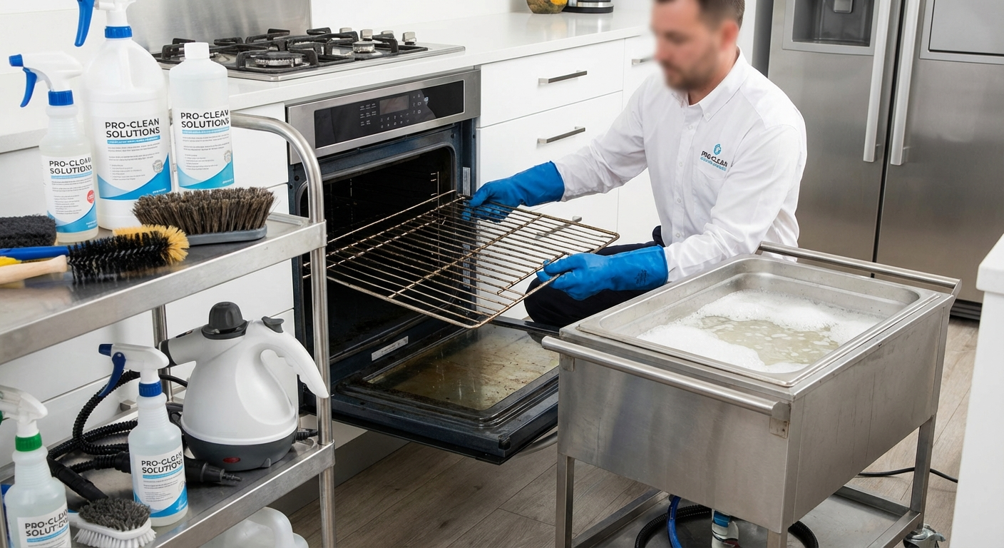 Professional cleaner using specialist equipment to clean oven racks in a Glasgow kitchen
