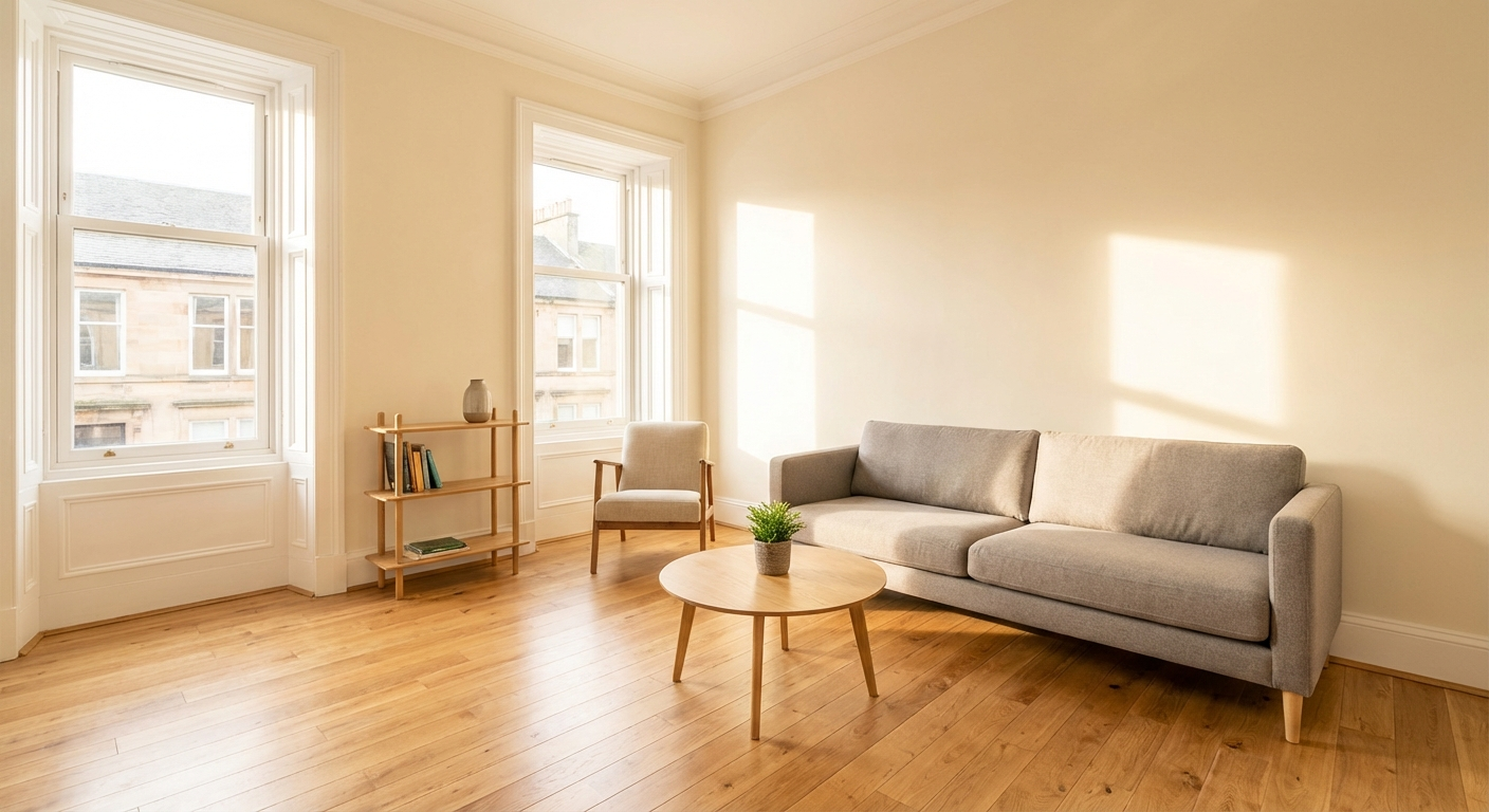 Clean bright Glasgow rental flat ready for a new tenant, freshly cleaned living space with natural light