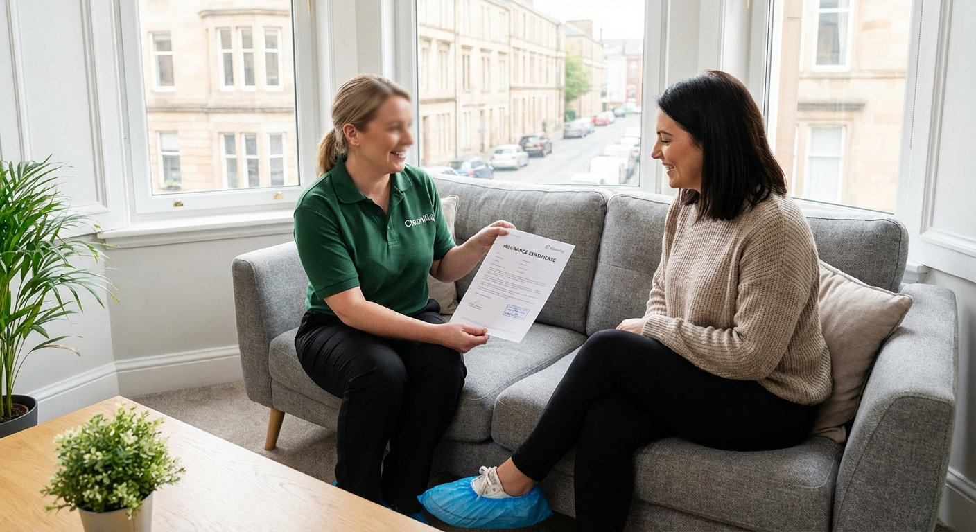 Professional female cleaner showing insurance certificate to customer in Glasgow home, both smiling, modern living room
