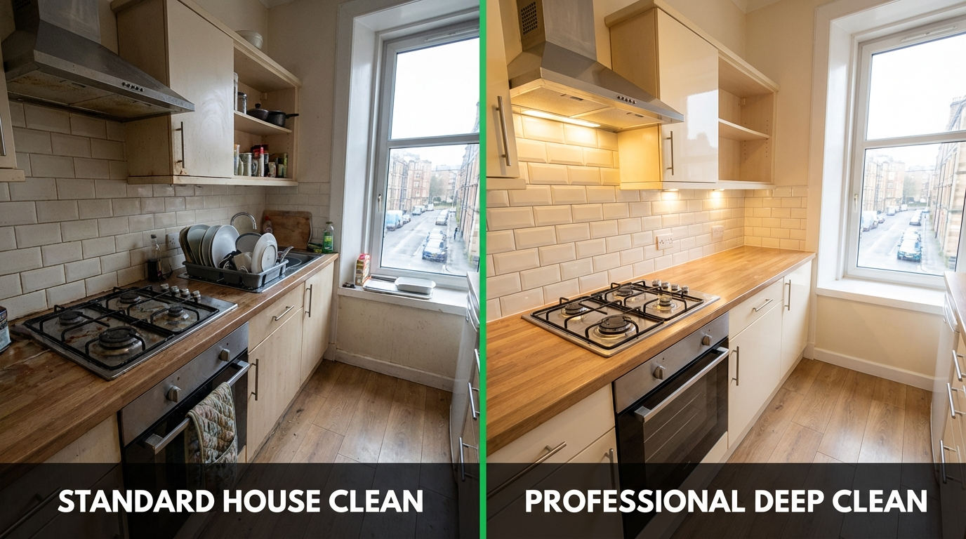 Comparison of standard house clean versus deep clean results in a Glasgow flat, showing different levels of detail