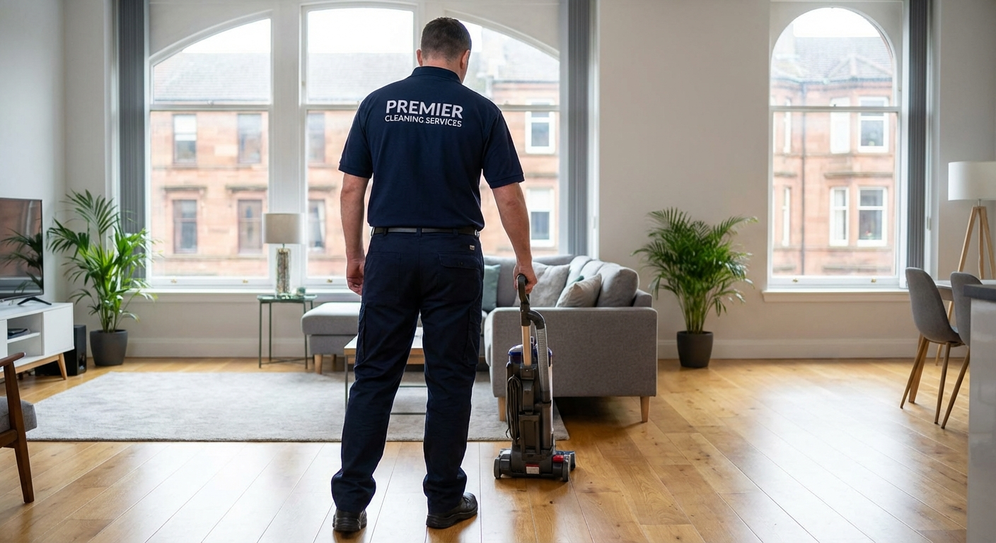 Professional cleaner in uniform vacuuming a bright Glasgow flat living room
