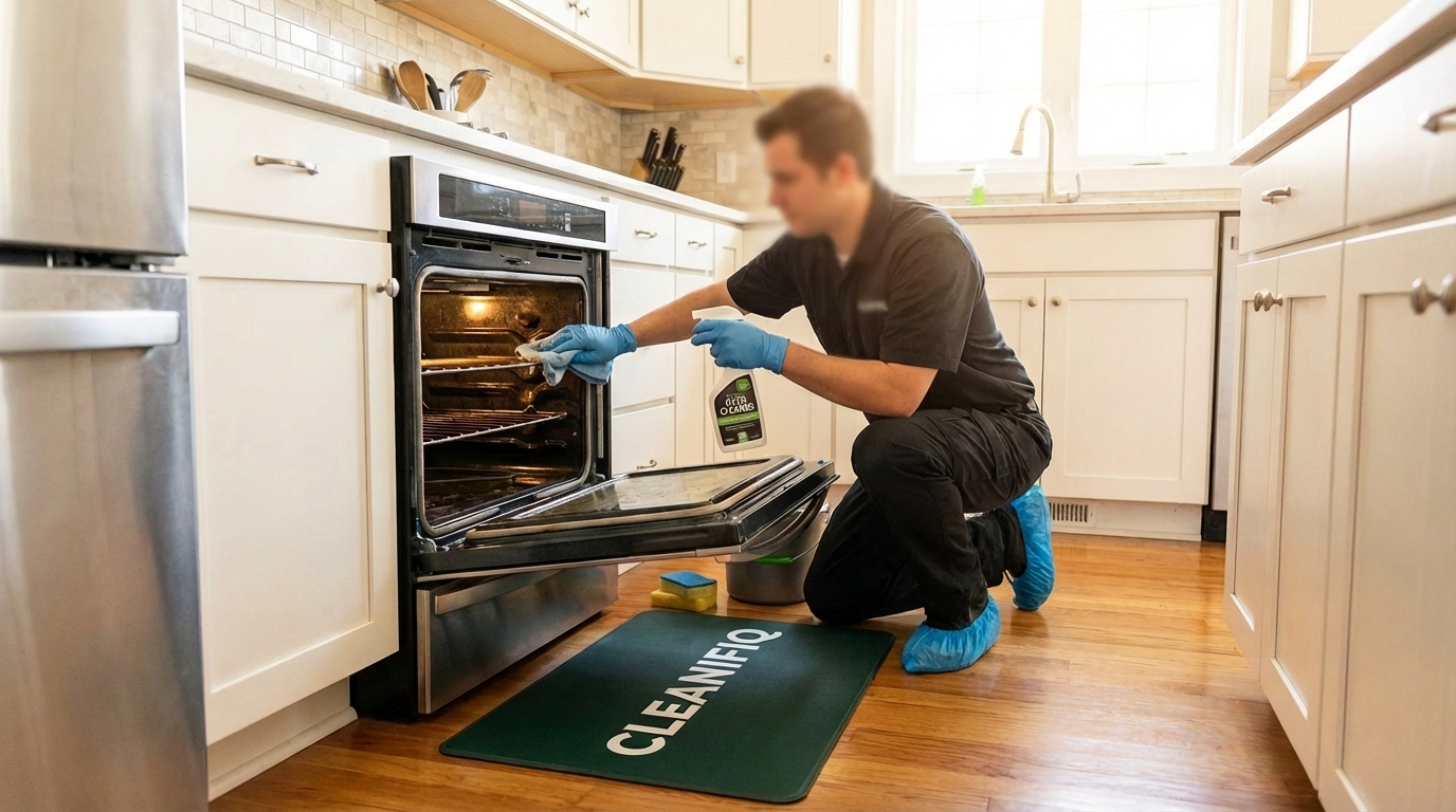 Professional cleaner using specialist equipment to clean oven racks in a Glasgow kitchen