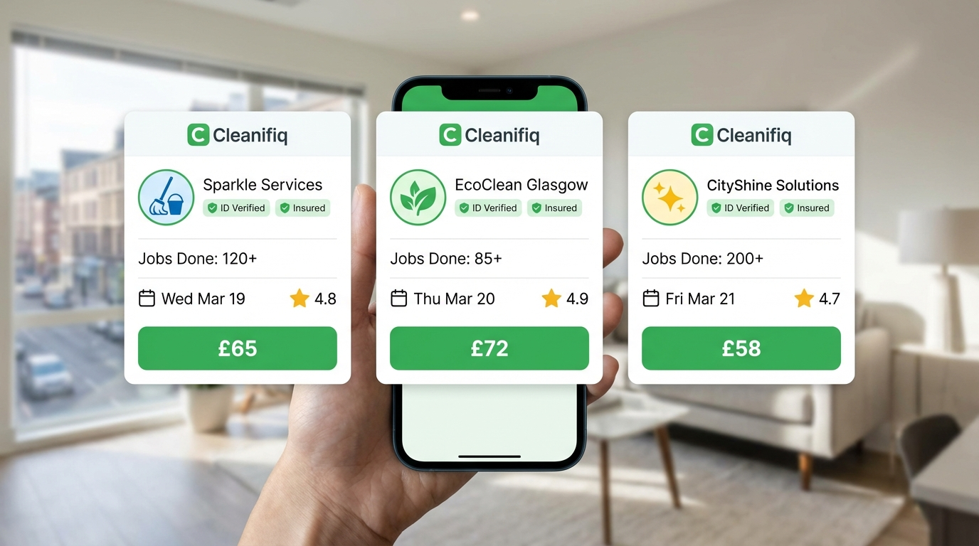 Mobile phone showing Cleanifiq app with 3 quote cards side by side displaying price, availability, and rating