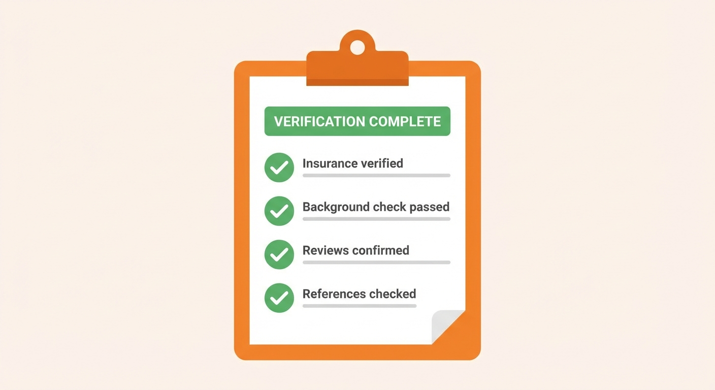 Clipboard with green checkmarks: Insurance verified, Background check passed, Reviews confirmed, References checked