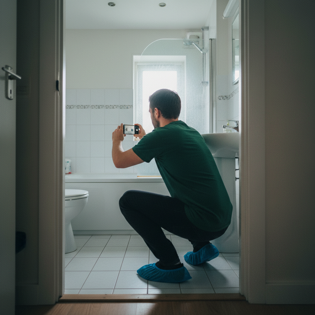 Professional cleaner taking timestamped before photo of bathroom during end of tenancy cleaning