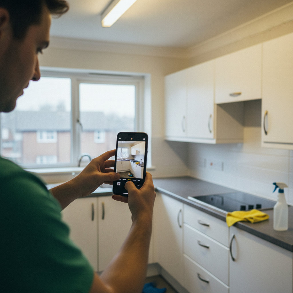 Professional cleaner completing an end of tenancy cleaning job in a Glasgow kitchen