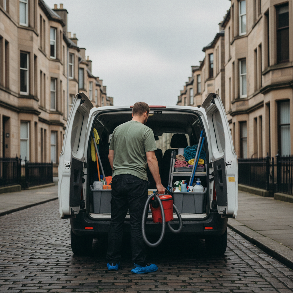 Self-employed cleaner loading cleaning supplies into van for cleaning jobs in Glasgow