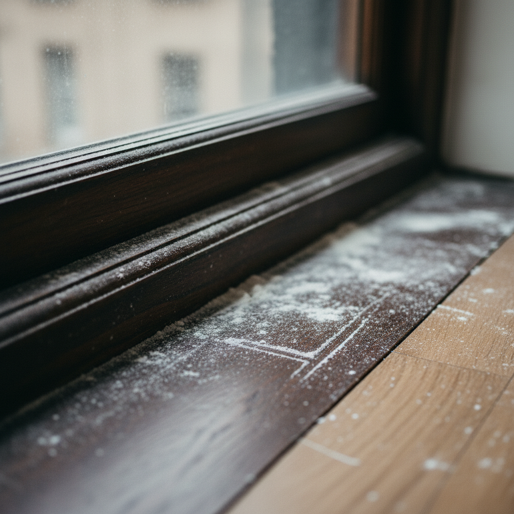 Fine white construction dust coating a dark wooden floor and skirting board in a Glasgow tenement flat after renovation work