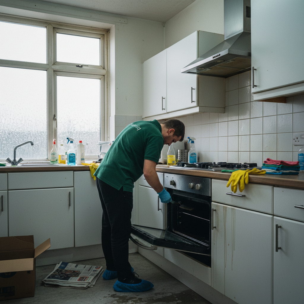 Professional cleaner completing end of tenancy property handover in Glasgow letting agency flat