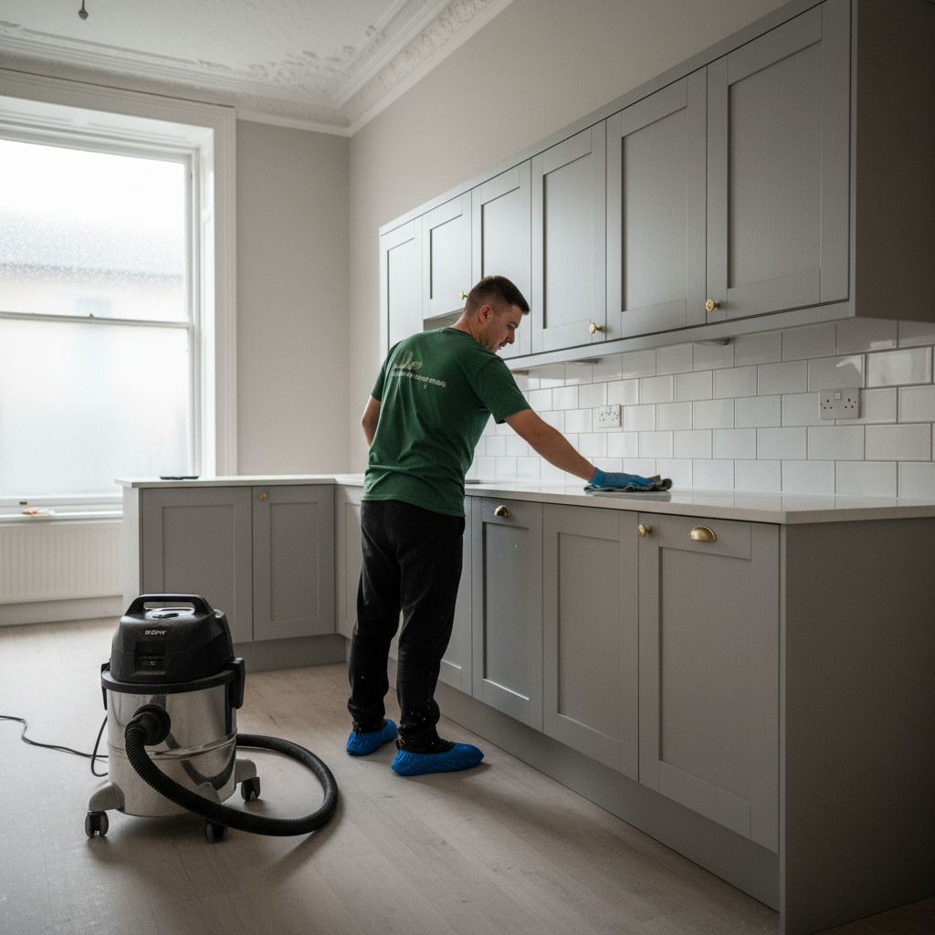 Professional cleaner in green uniform wiping down a newly installed kitchen worktop after builders have finished renovation work