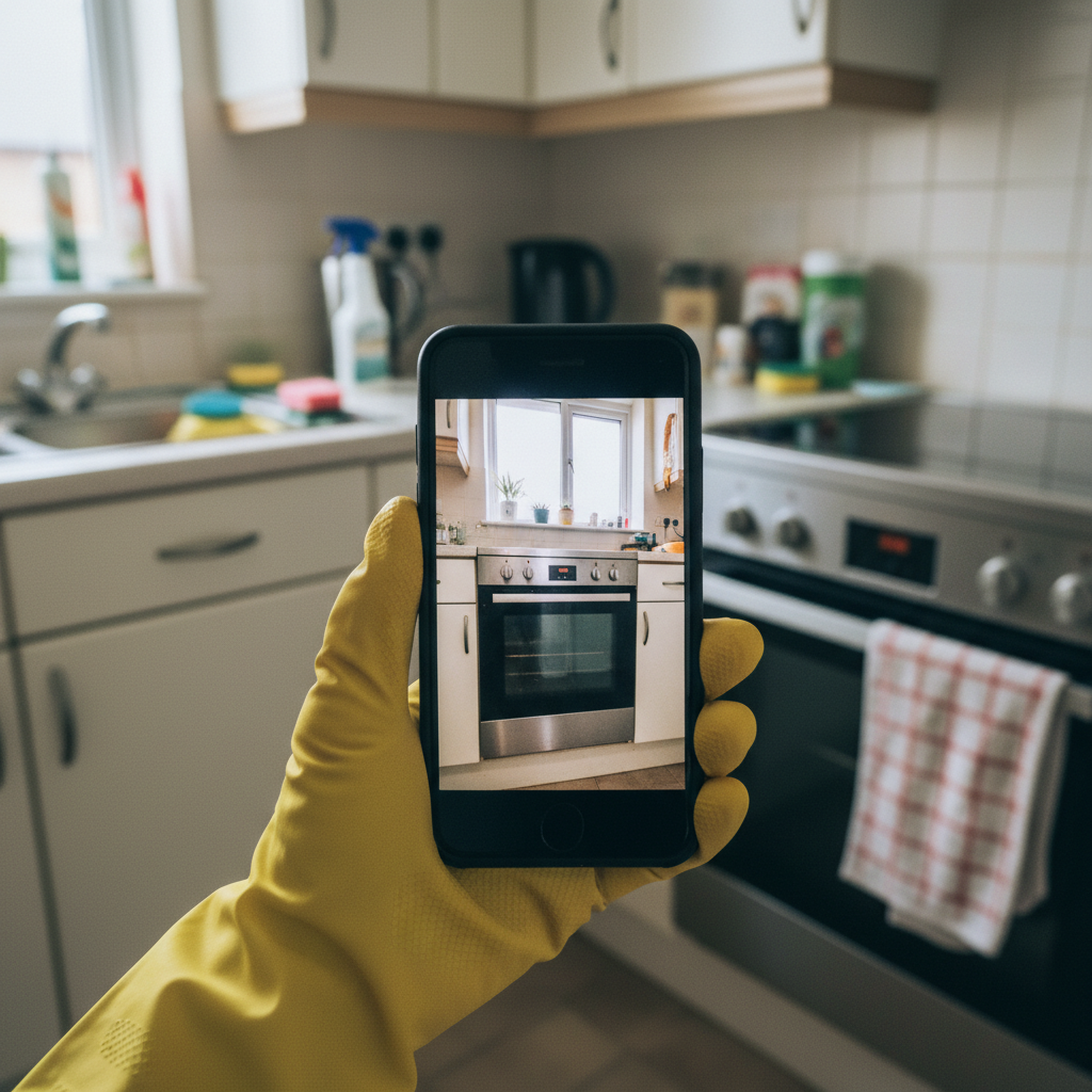 Before and after timestamped photos showing oven cleaning results in Glasgow end of tenancy job