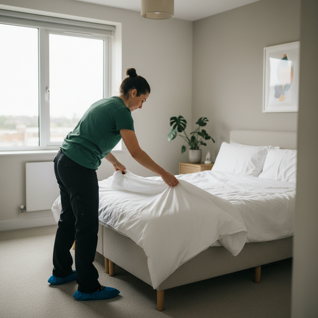 Professional cleaner preparing a bedroom with fresh linen for an Airbnb guest in Glasgow