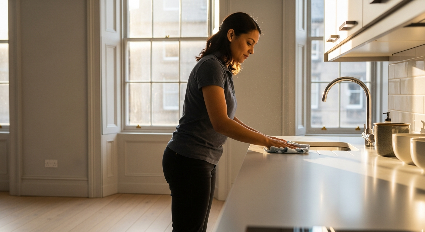 Cleaner working in a bright Edinburgh flat with tall sash windows