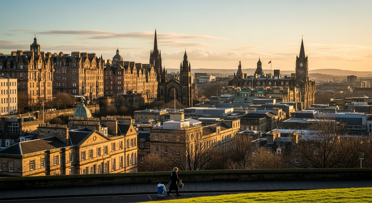 Professional cleaner arriving at an Edinburgh tenement building with cleaning supplies