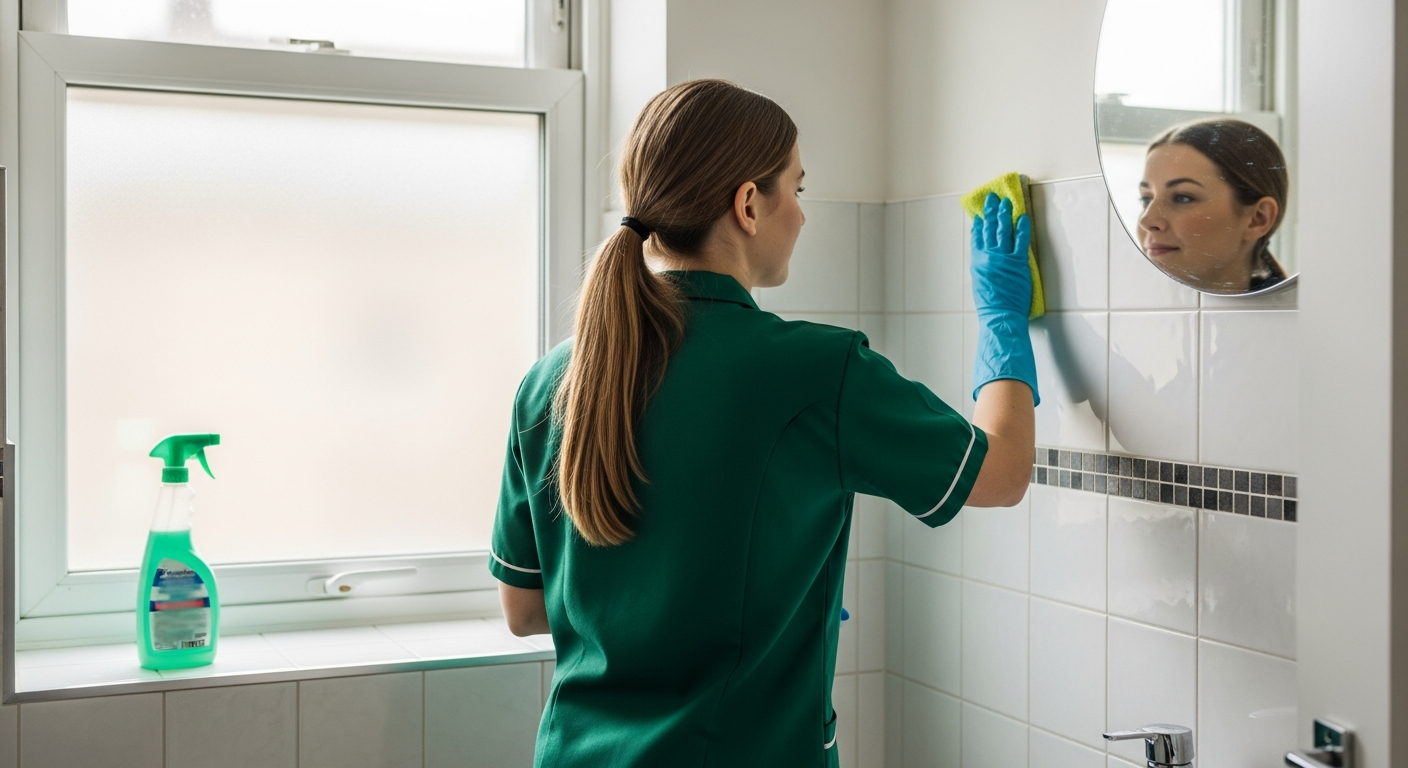 Professional cleaner deep cleaning a bathroom in an Edinburgh flat