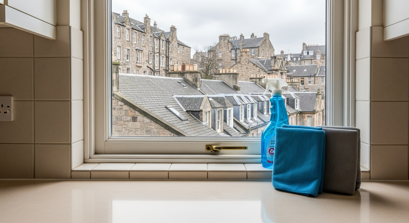 Clean Edinburgh kitchen with view of stone buildings through the window after deep cleaning