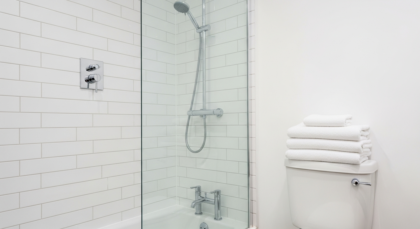 Freshly cleaned white bathroom tiles and chrome fixtures in a Manchester property