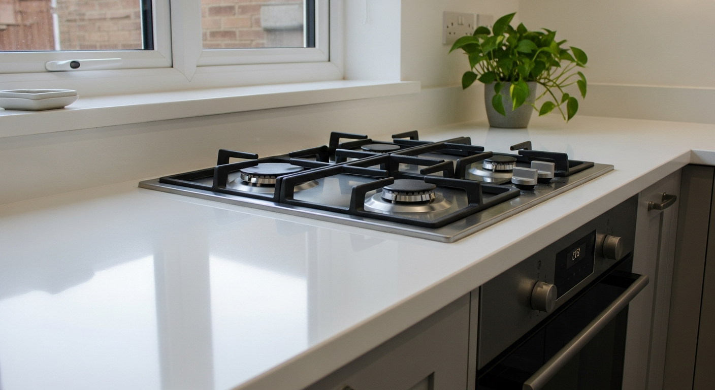 Close-up of a sparkling clean kitchen worktop and hob in a Manchester flat